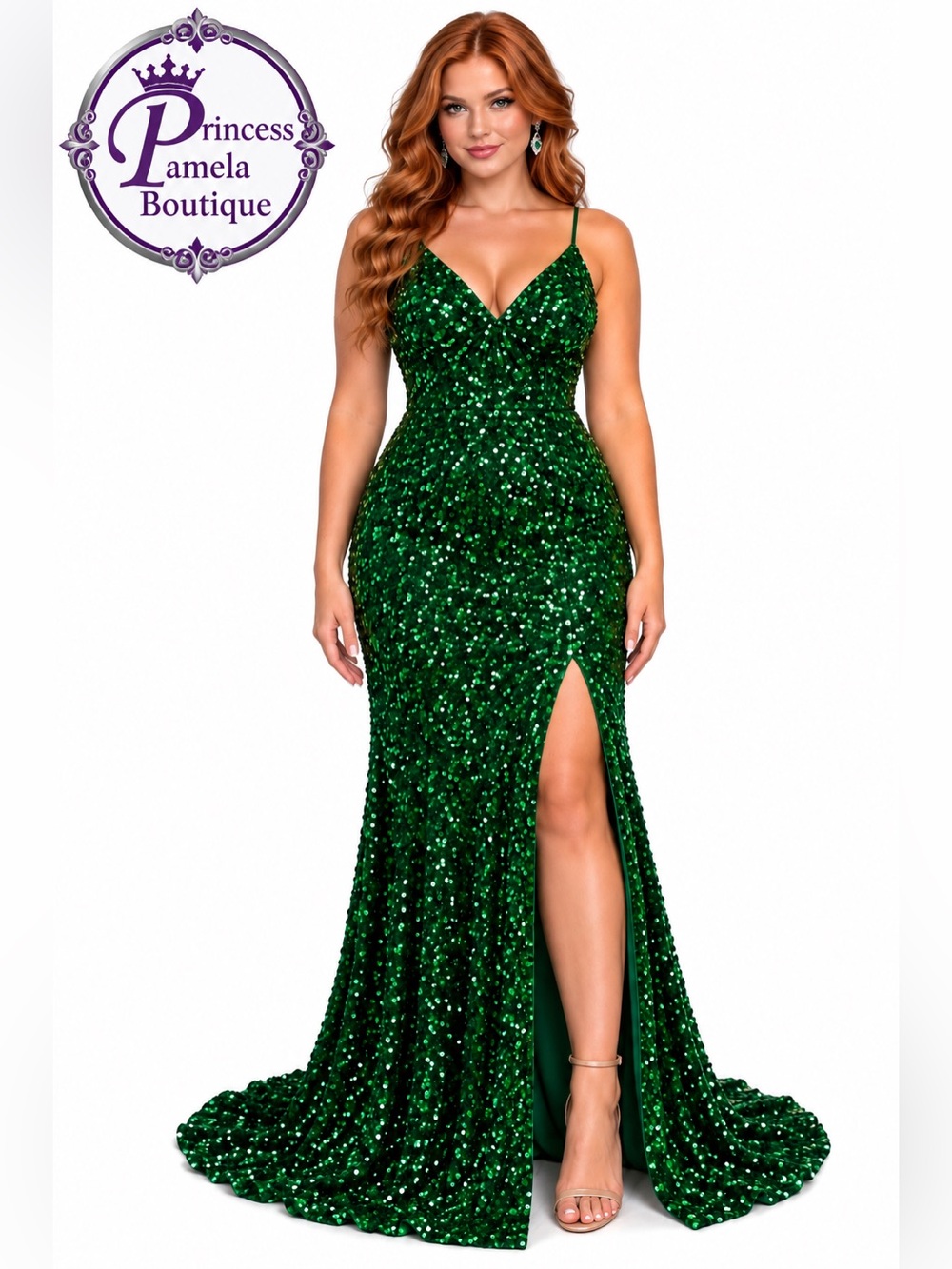 #51-19 Emerald green Sequined velvet spaghetti strap gown-Large - Size 12